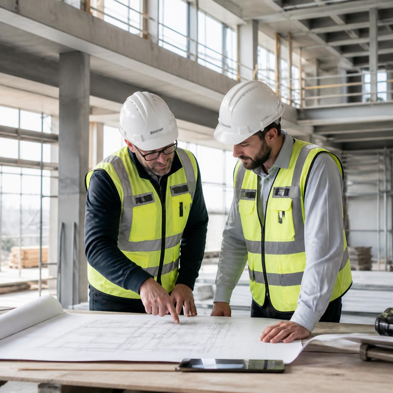 Two HATO Construction engineers reviewing blueprints on site